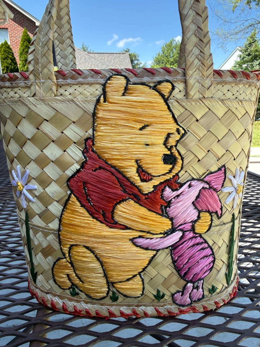 Winnie the Pooh & Piglet Handmade Straw Tote Bag Red Interior Super cute! - Picture 2 of 9